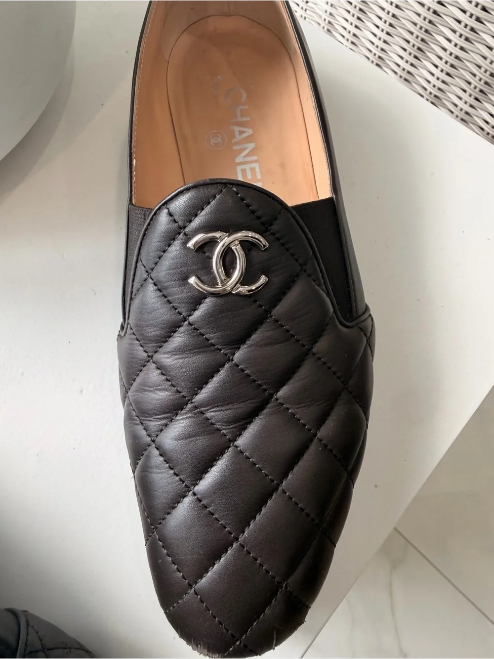 CHANEL Quilted Leather Loafers in Dark Brown with Silver CC